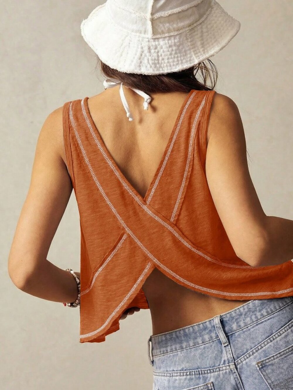 Orange Casual Women's V-Neck Asymmetrical Hem Tank Top